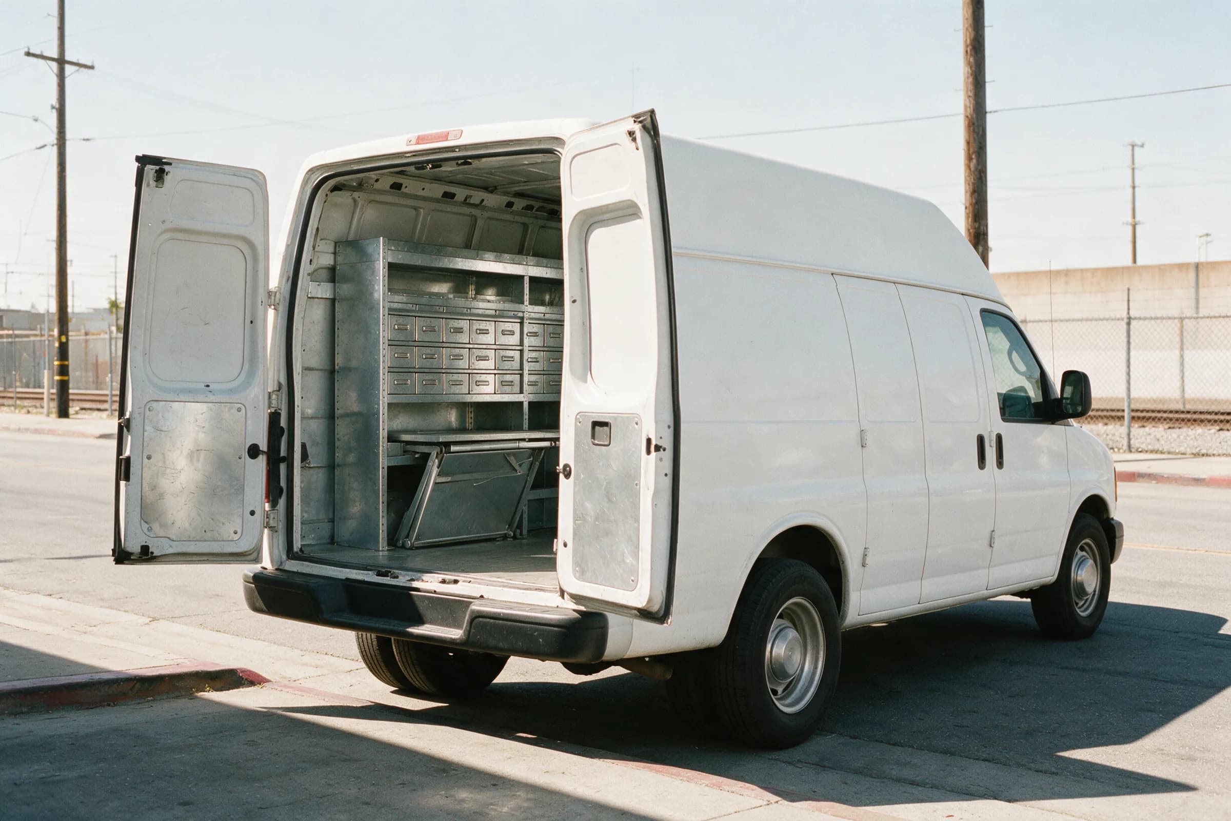 Estudillo Security van on a San Leandro street with the rear doors open